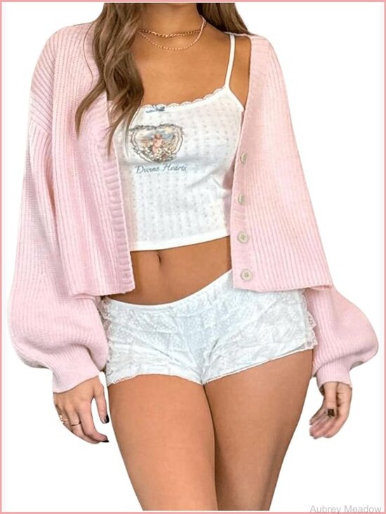 Sweaters - Button Down Crop Cardigan Sweater Long Sleeve Drop Shoulder Casual